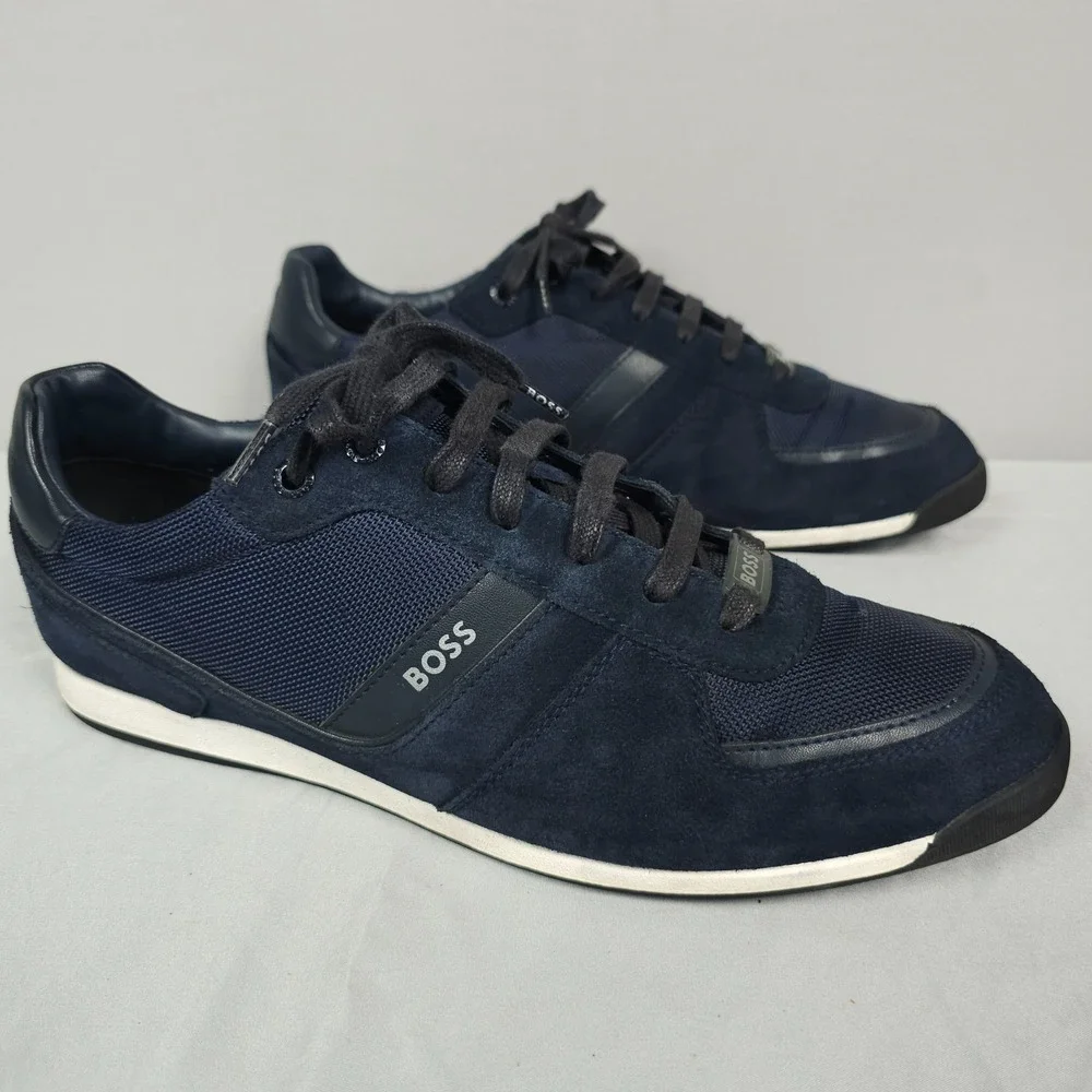 Hugo Boss Glaze Shoes Men Size 43 US 10 Navy Blue Suede Low Lace Up Sneaker